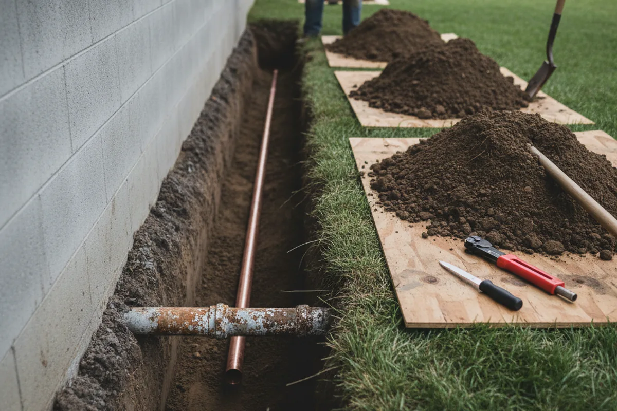 Excavated water line trench during Water Heater Repair in Coatesville